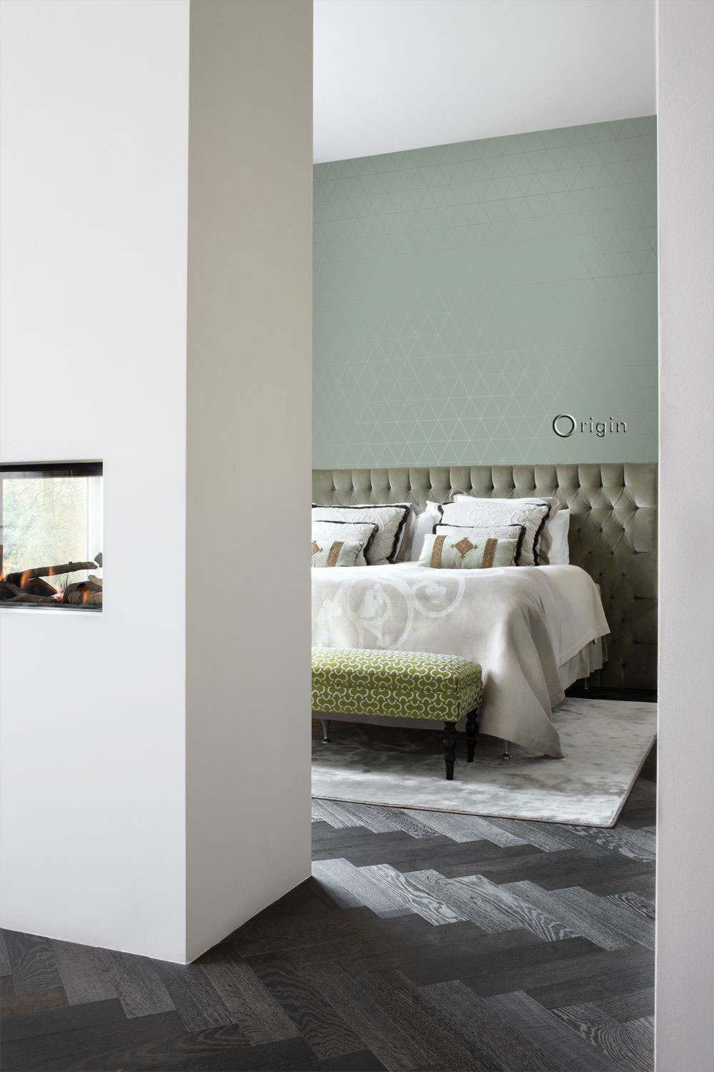 Grüne Tapete, metallische Umrisse von Dreiecken 347714, City Chic, Origin