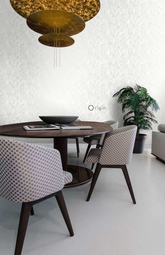 Metallic-silberne Tapete, grüne Palmblätter 347742, City Chic, Origin 