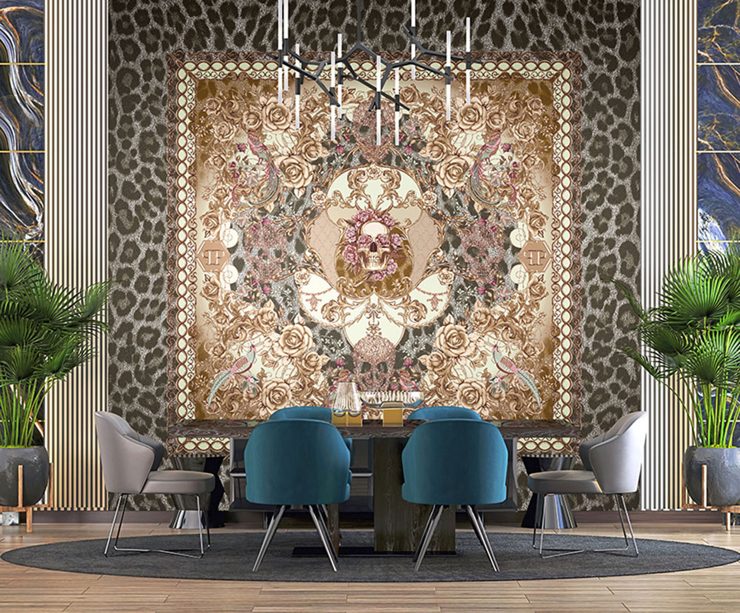 Florale Fototapete mit Totenköpfen Z80082 Philipp Plein, Zambaiti Parati