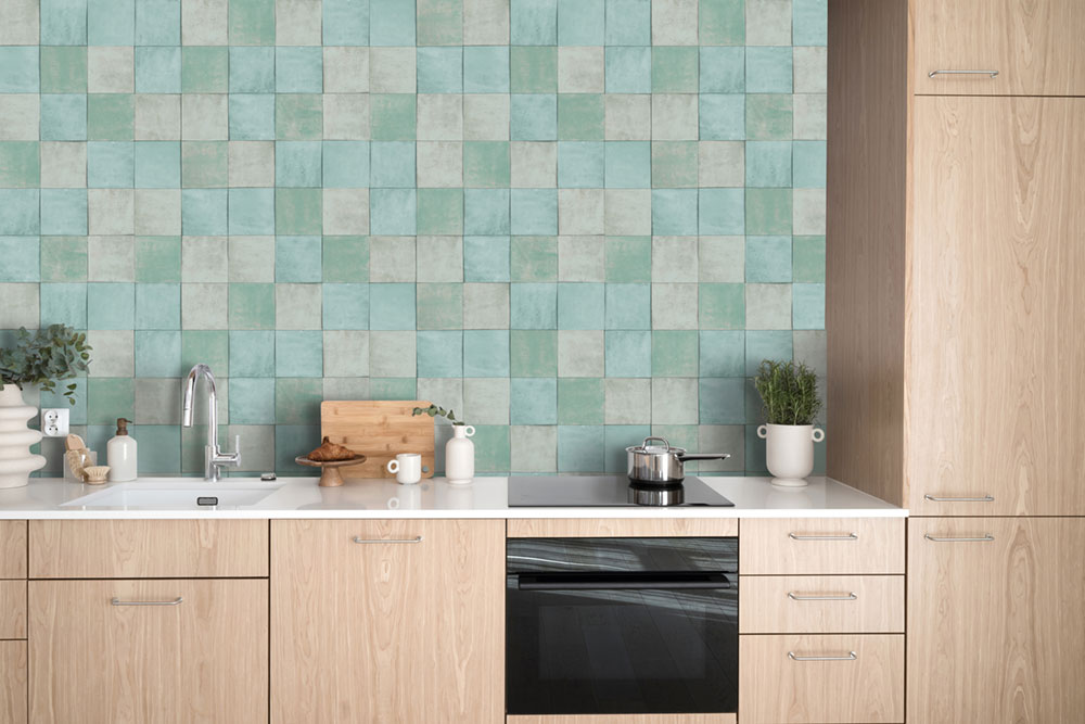 Hellgrüne, geometrische, abwaschbare Tapete 45719 Zellige, Marburg