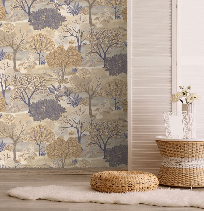 Blau-beige Tapete, Bäume, AL26250, Allure, Decoprint