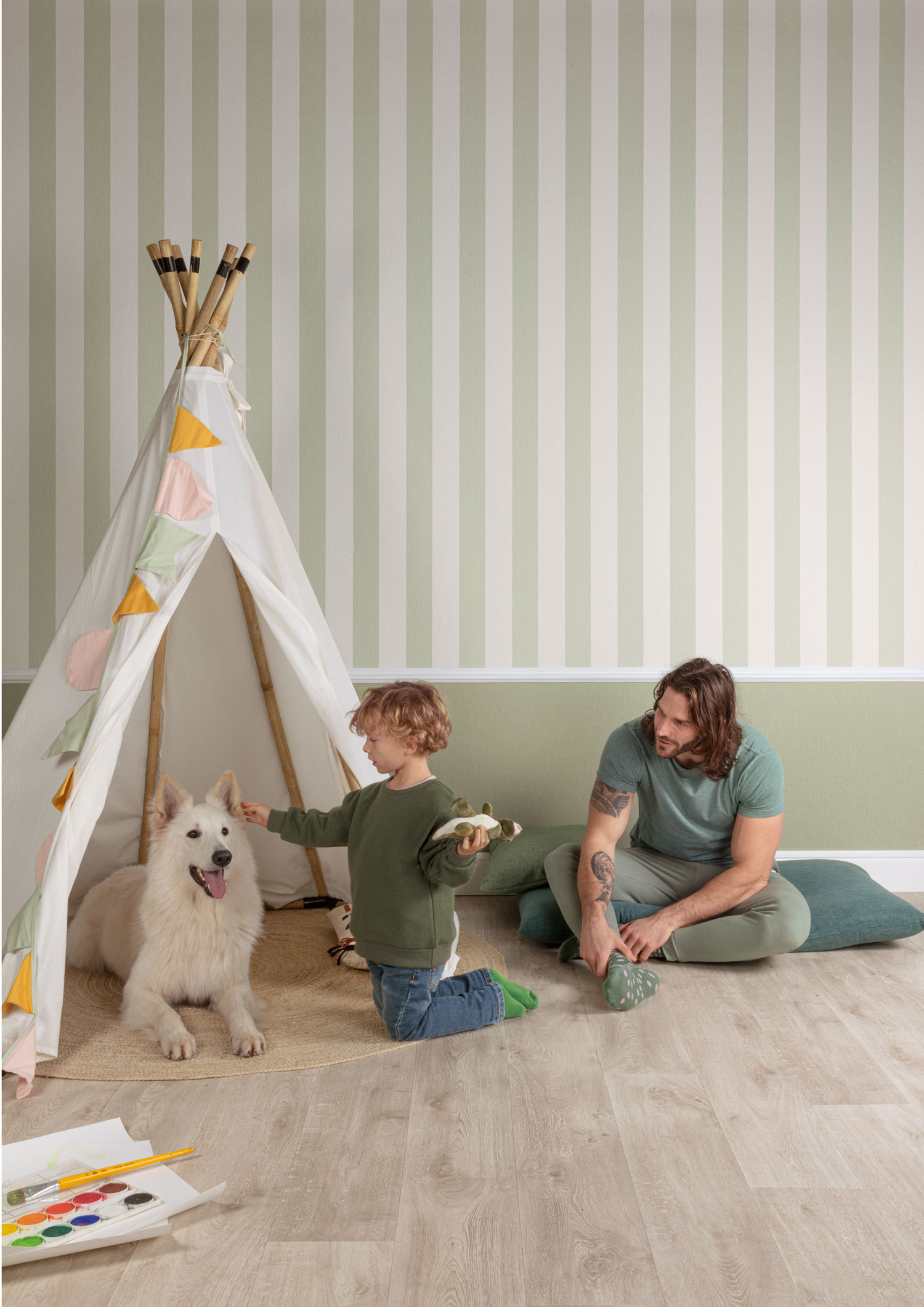 Hellgrün gestreifte Tapete, Stoffimitation, AT4032, Atmosphere, Grandeco