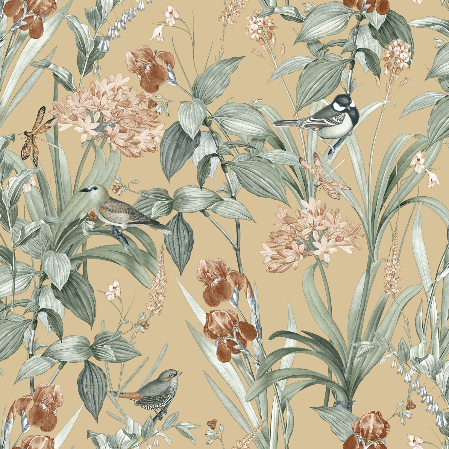 Beige Tapete mit Blumen und Vögeln, M64792D, Botanique, Ugepa