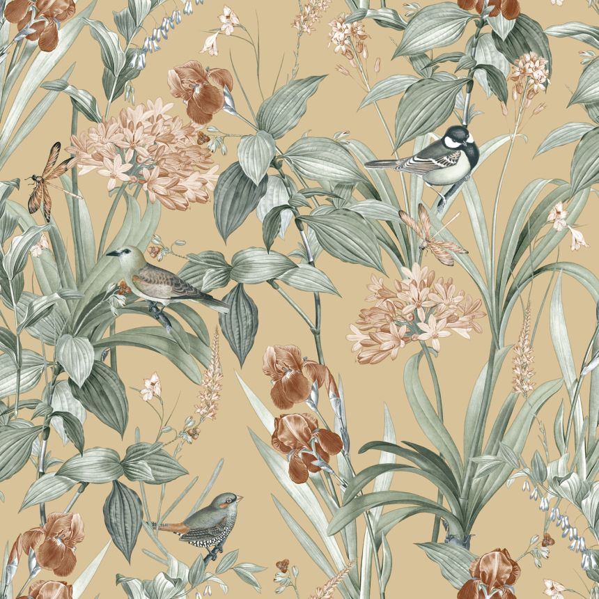 Beige Tapete mit Blumen und Vögeln, M64792D, Botanique, Ugepa