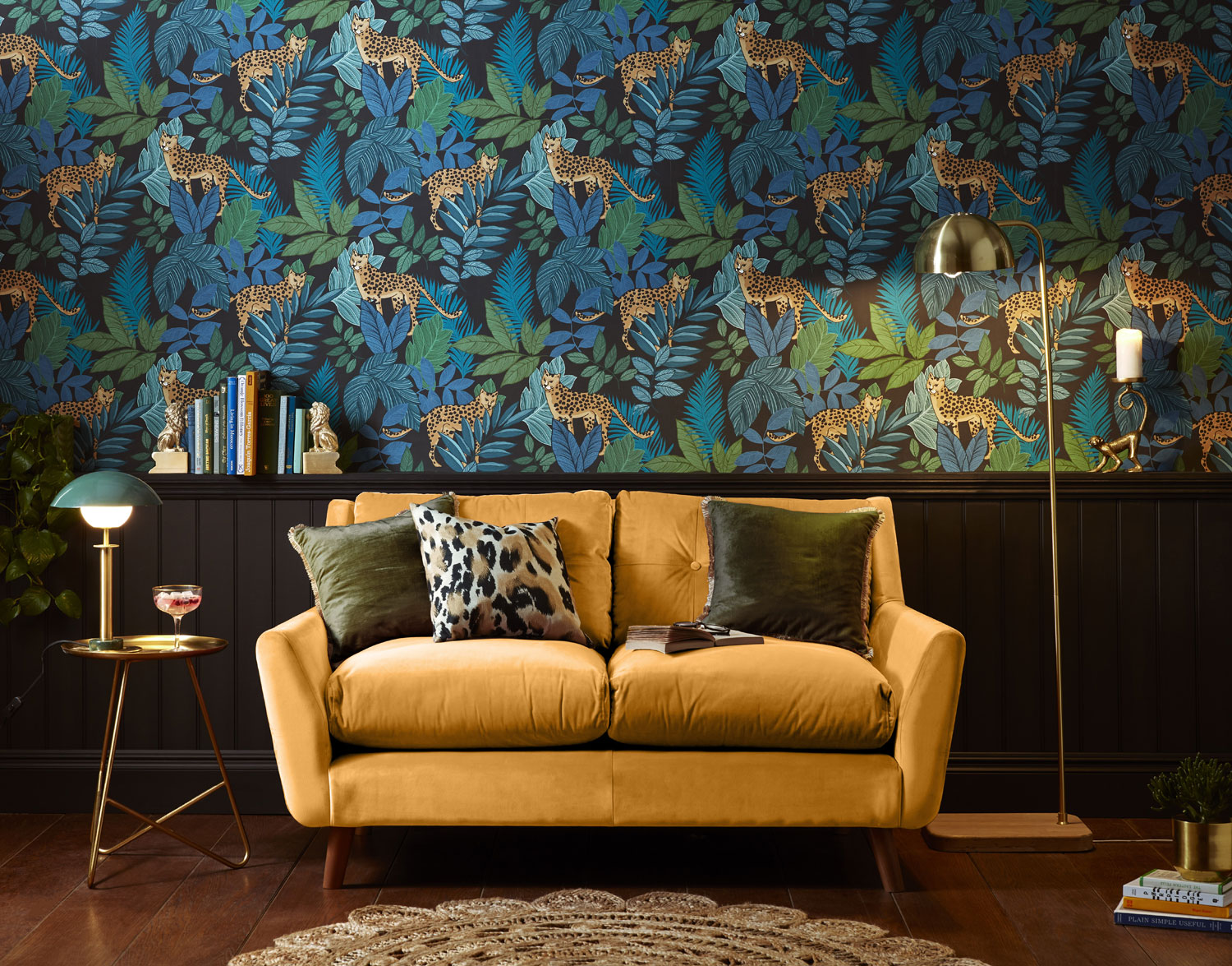 Schwarze Tapete mit Leoparden und Blättern, 118610, Envy