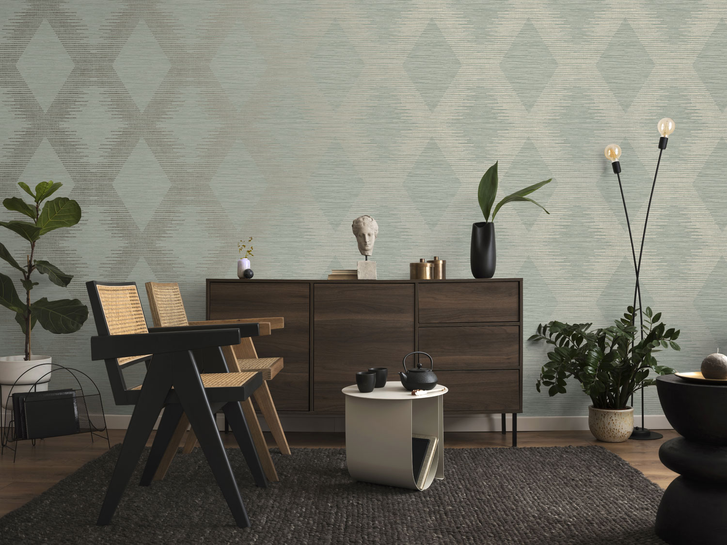 Grün-goldene Tapete mit geometrischen Mustern, 120725, Vavex 2025