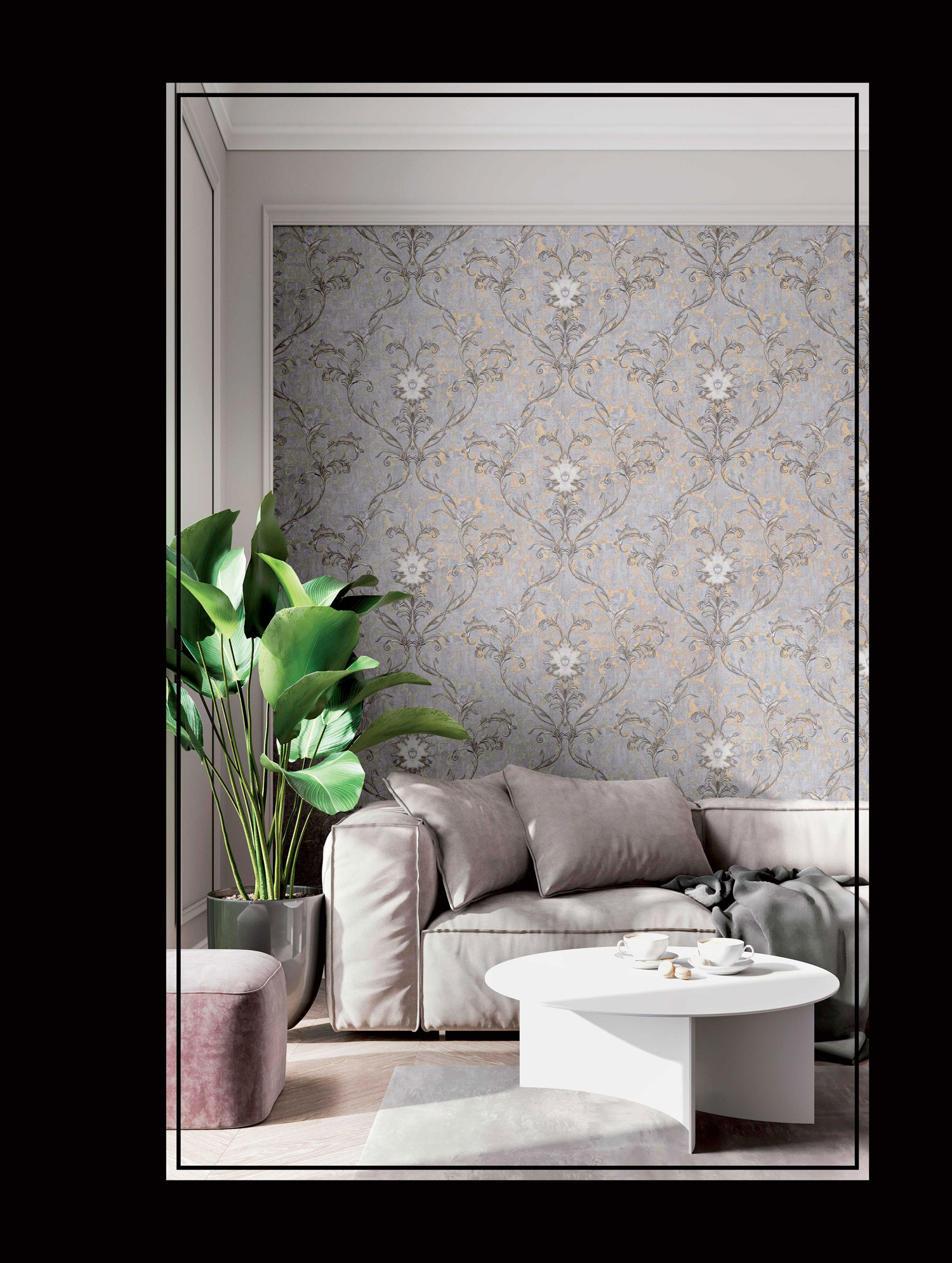 Luxuriöse grau-goldene ornamentale Barocktapete, 47746, Eterna, Parato