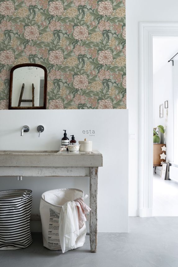 Grüne Vliestapete mit Blumen, 139378, Vintage Flowers, Esta Home