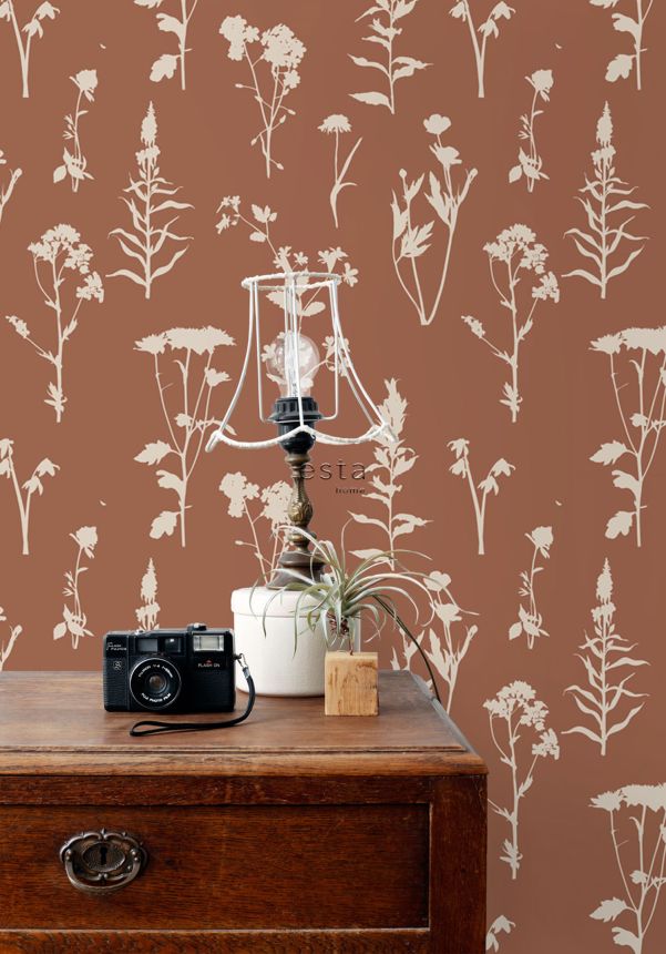 Terrakotta/braune Vliestapete, Blumen, Blätter, 139396, Vintage Flowers, Esta Home