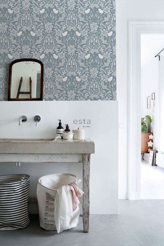 Blaue Tapete mit Pflanzen und Vögeln, 139477, Vintage Flowers, Esta Home