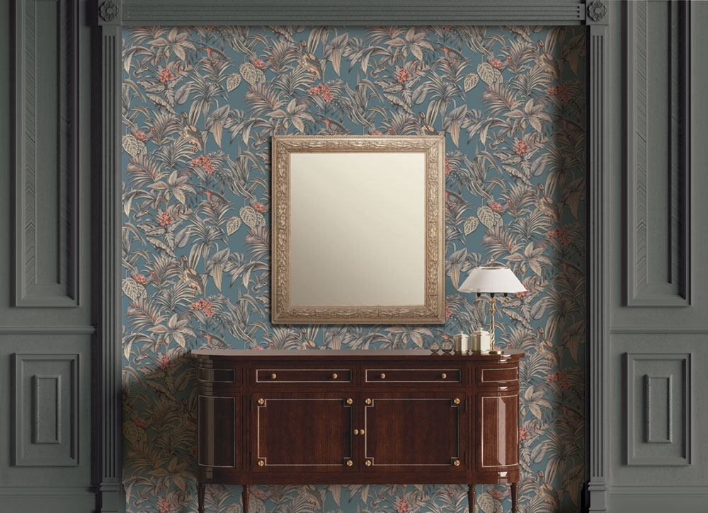 Luxus Vliestapete, blau, Vögel, Blätter, Blumen, DE120016, Best Sellers, Design ID