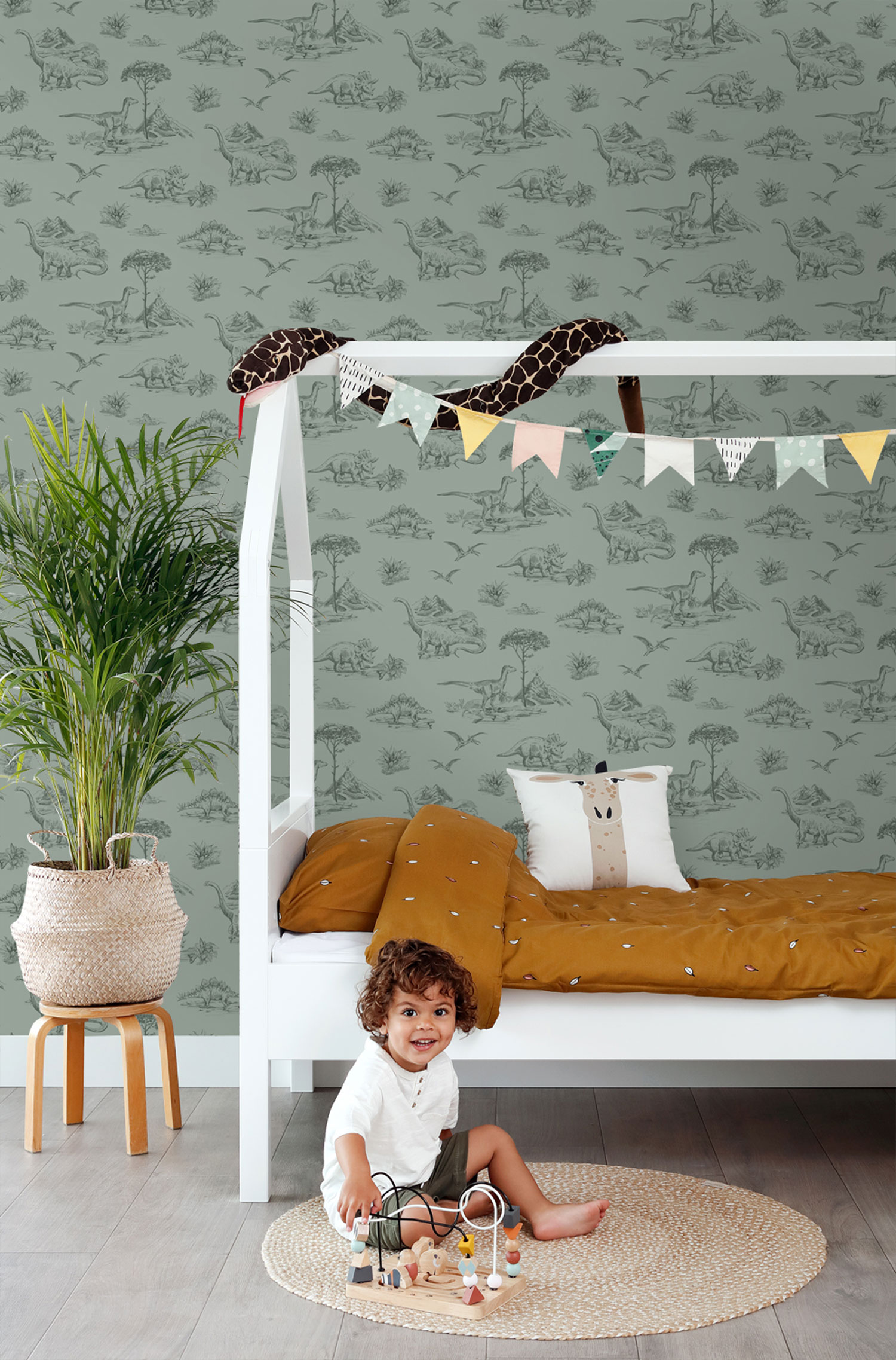 Grüne Kindertapete mit Dinosauriern 139358, To the Moon and Back, Esta Home