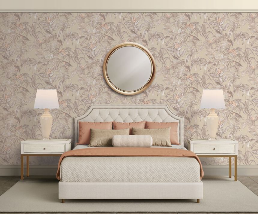 Luxus Vliestapete, beige, Vögel, Blätter, Blumen, DE120012, Best Sellers, Design ID