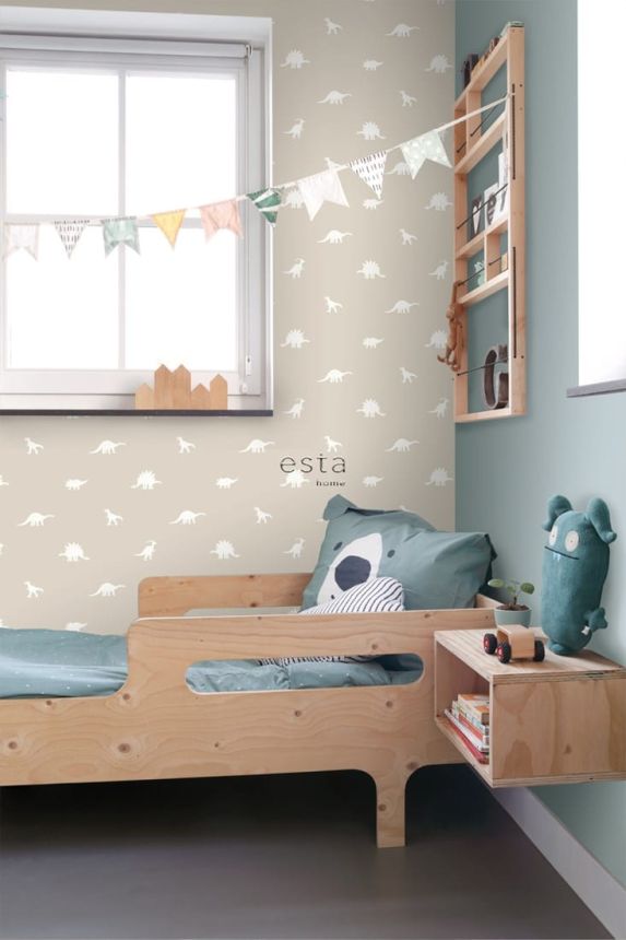 Beige Kindertapete mit Dinosauriern 139508, To the Moon and Back, Esta Home