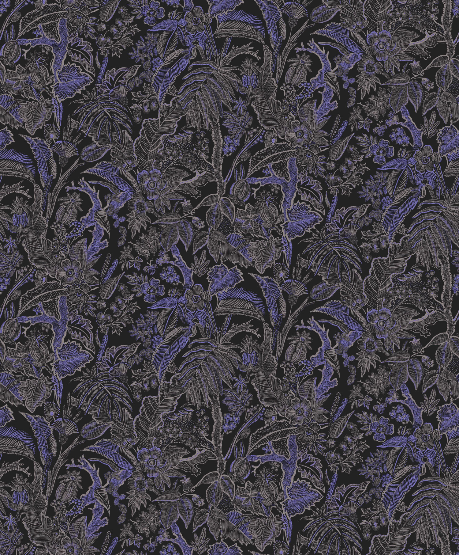 Schwarz-blaue Tapete mit Blumen und Blättern, SUM503, Summer, Khroma by Masureel