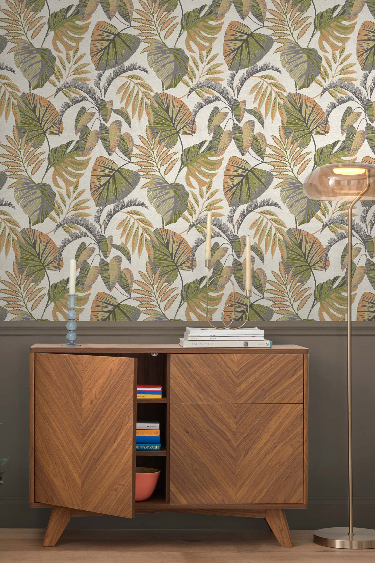 Grün-orange Tapete mit tropischen Blättern, 118296, Next