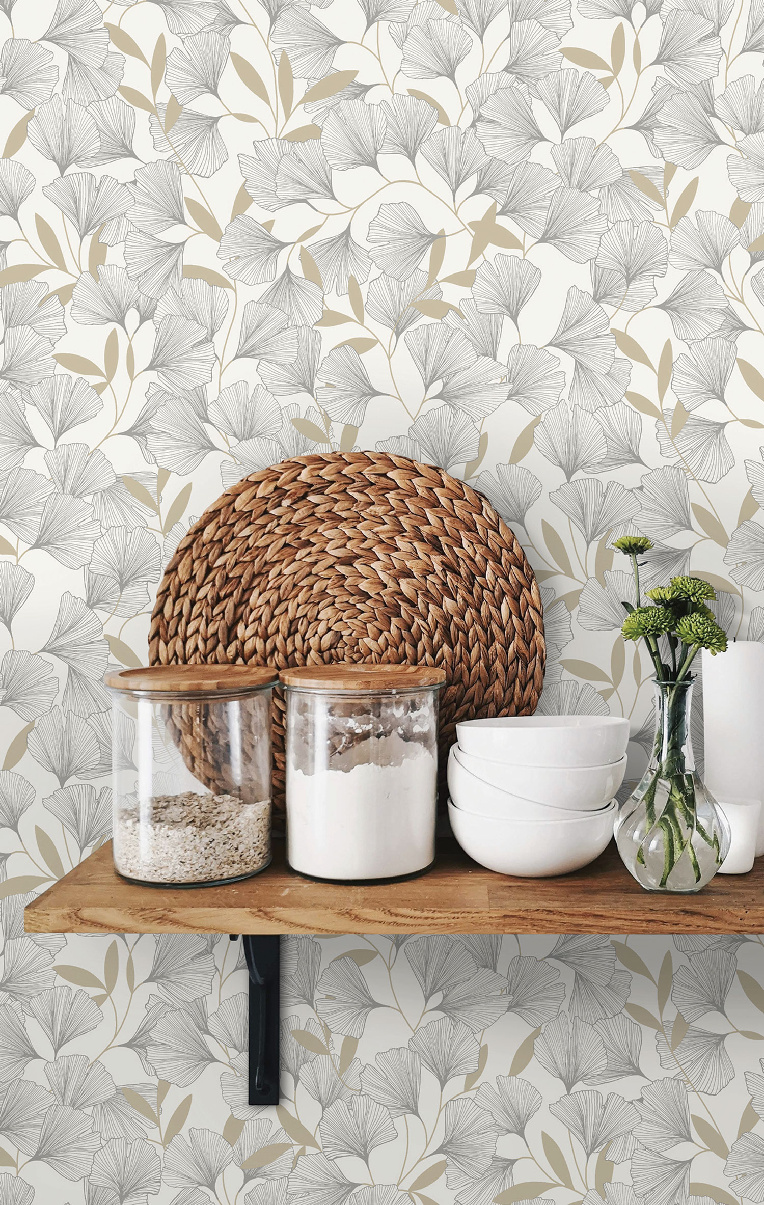 Weiße Vliestapete, Ginkgoblätter, A64401, Vavex 2025