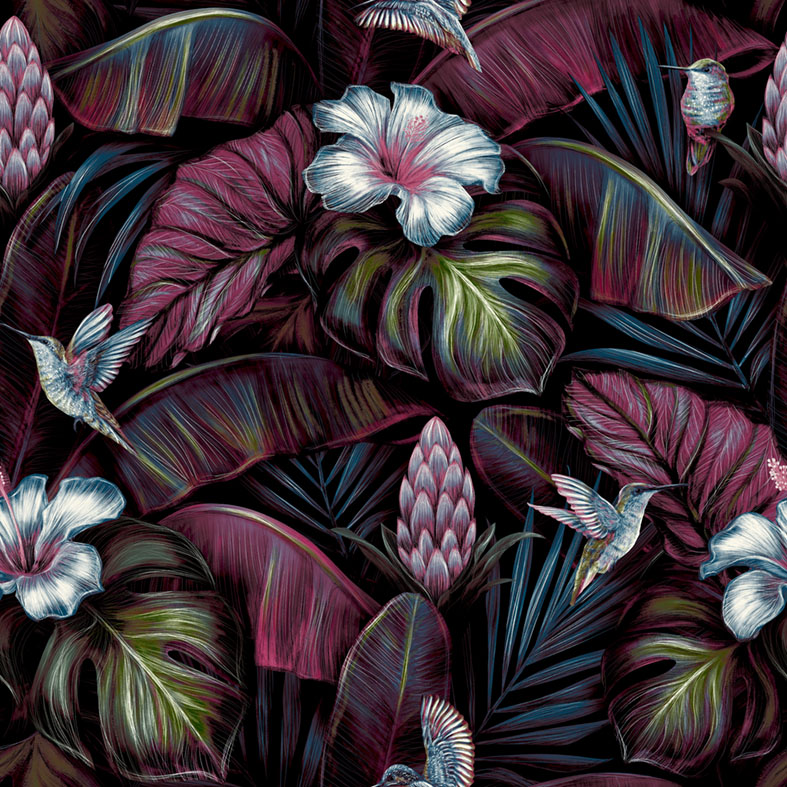 Vliestapete, rosa, Blumen, Blätter,  Kolibris, NHW1001, Perla, Decoprint