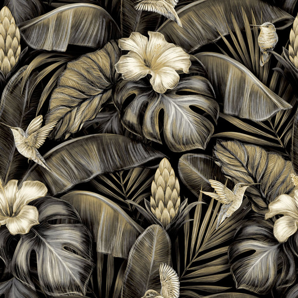 Vliestapete, beige, Blumen, Blätter,  Kolibris, NHW1002, Perla, Decoprint