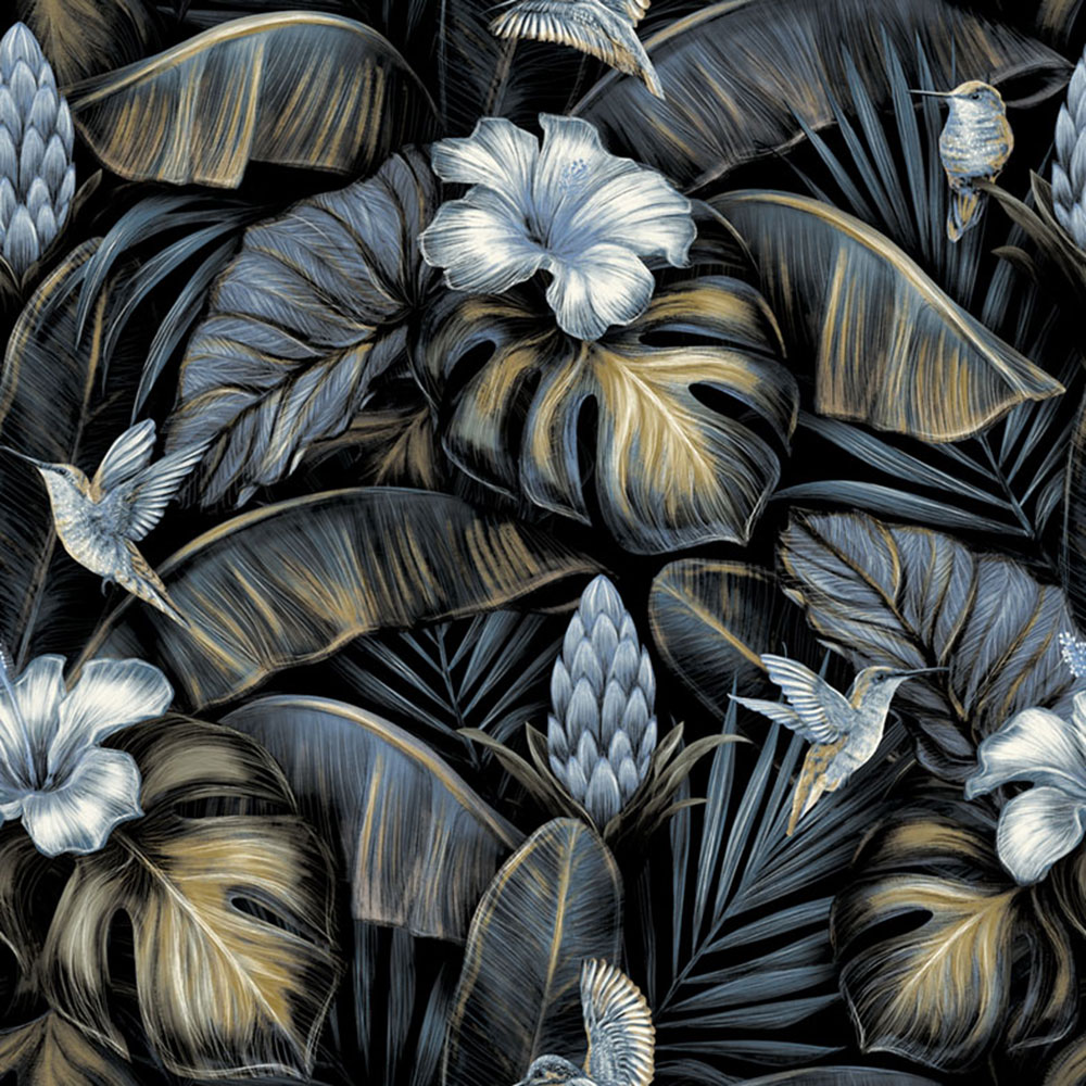 Vliestapete, blau, Blumen, Blätter,  Kolibris, NHW1003, Perla, Decoprint