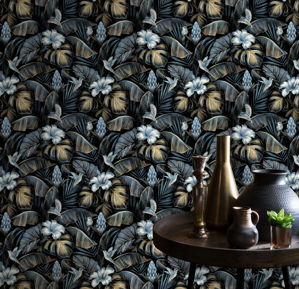 Vliestapete, blau, Blumen, Blätter,  Kolibris, NHW1003, Perla, Decoprint