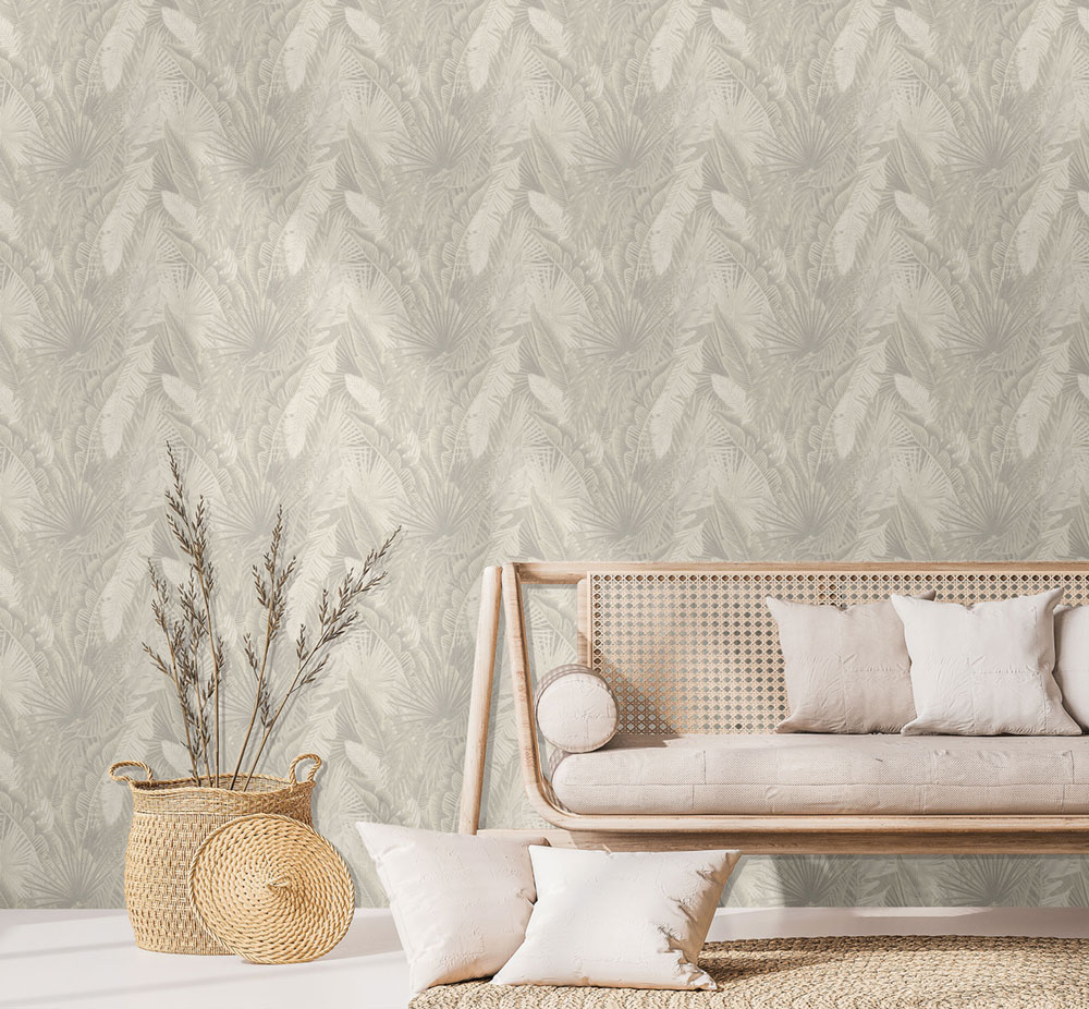 Vliestapete, grau-creme, Blätter, NHW1015, Perla, Decoprint