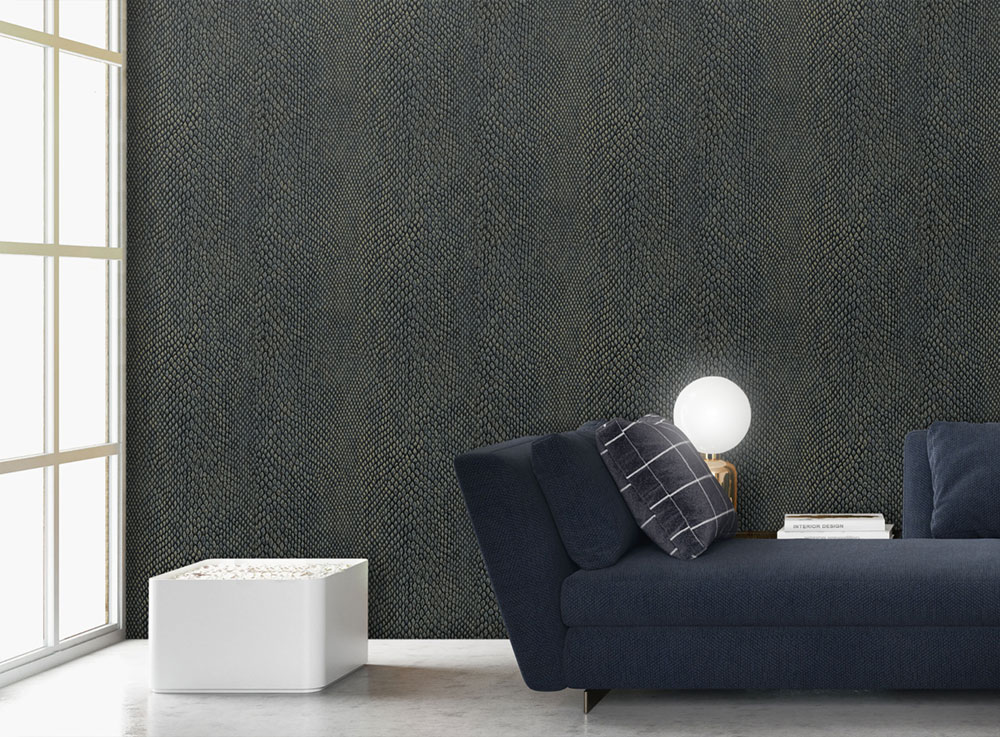 Vliestapete, blau-gold, Schlangenhaut-Imitat, NHW1038, Perla, Decoprint