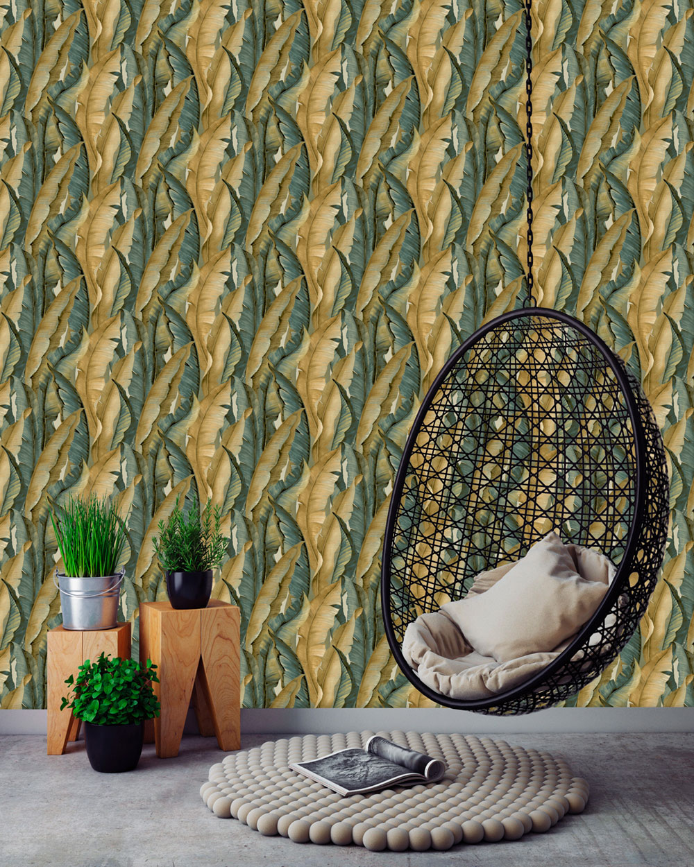 Vliestapete, okrovo-blau, Blätter, NHW1041, Perla, Decoprint