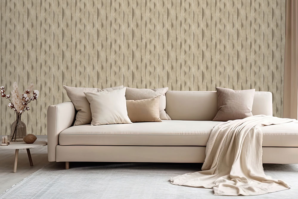 Tapete in beiger 3D-Holzpaneel-Optik mit Lamellen, M75617, Brut, Ugépa