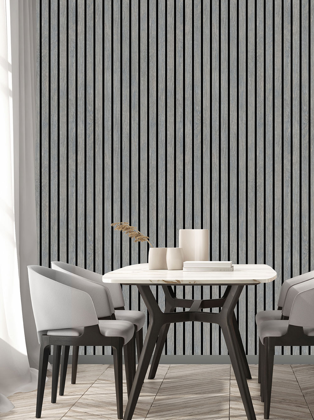 3D-Tapete in grauer Holzoptik mit Brettern und Lamellen, M80209, Brut, Ugépa