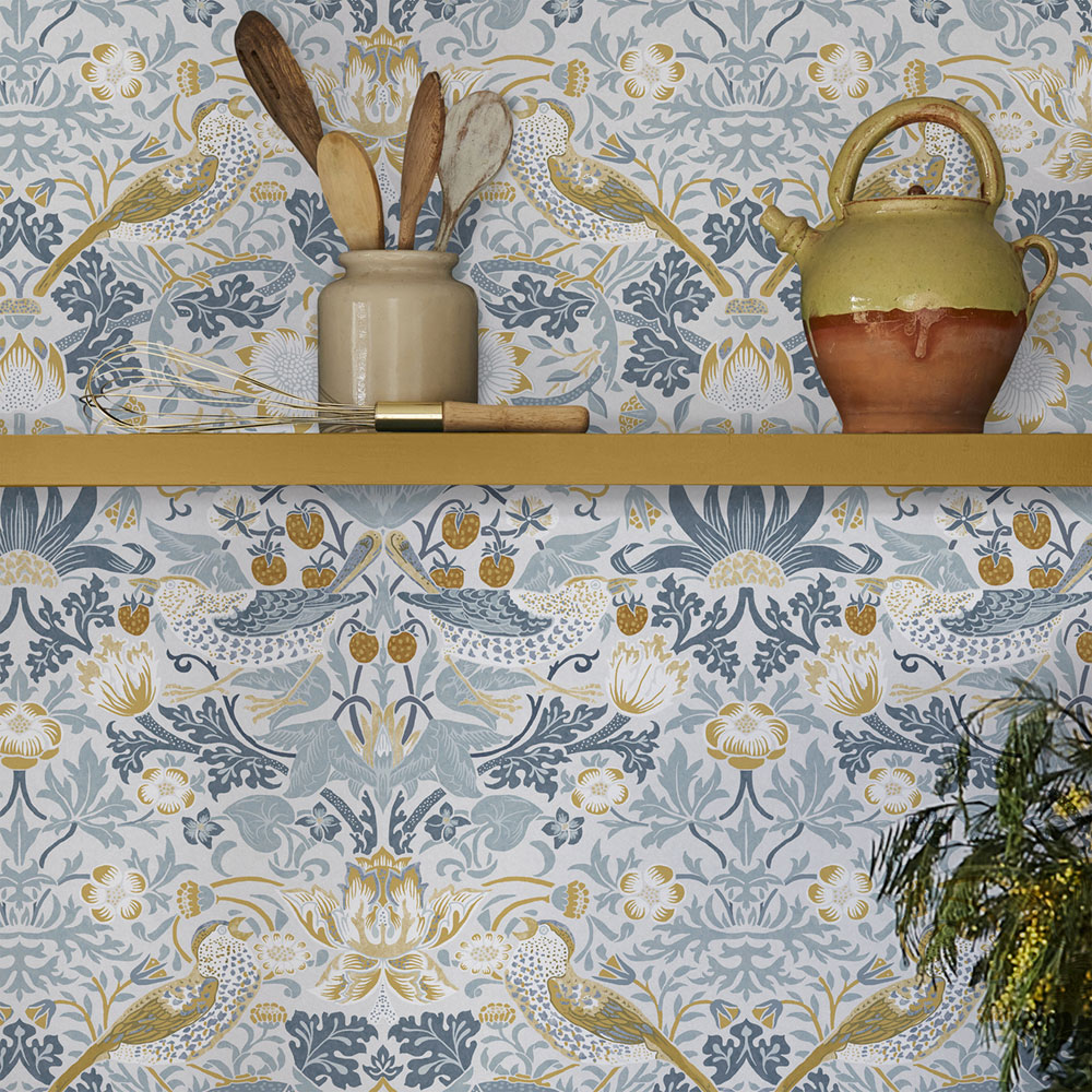 Vliestapete, grau-blau, Blumen, Vögel, 124232, William Morris At Home