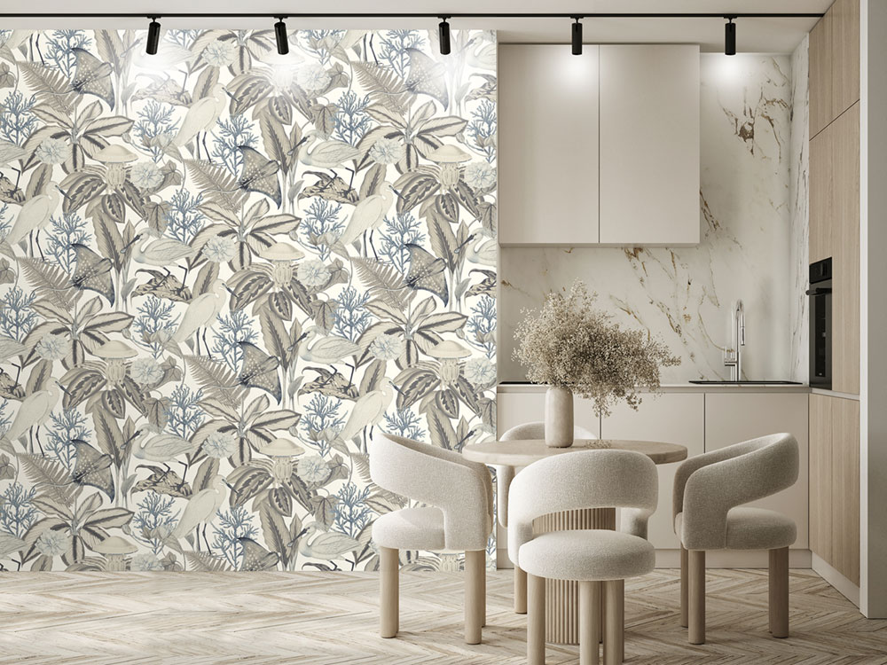 Vlies-Fototapete, grau-beige, Vögel, Blätter, FW4061-4, Feature Walls, Decoprint
