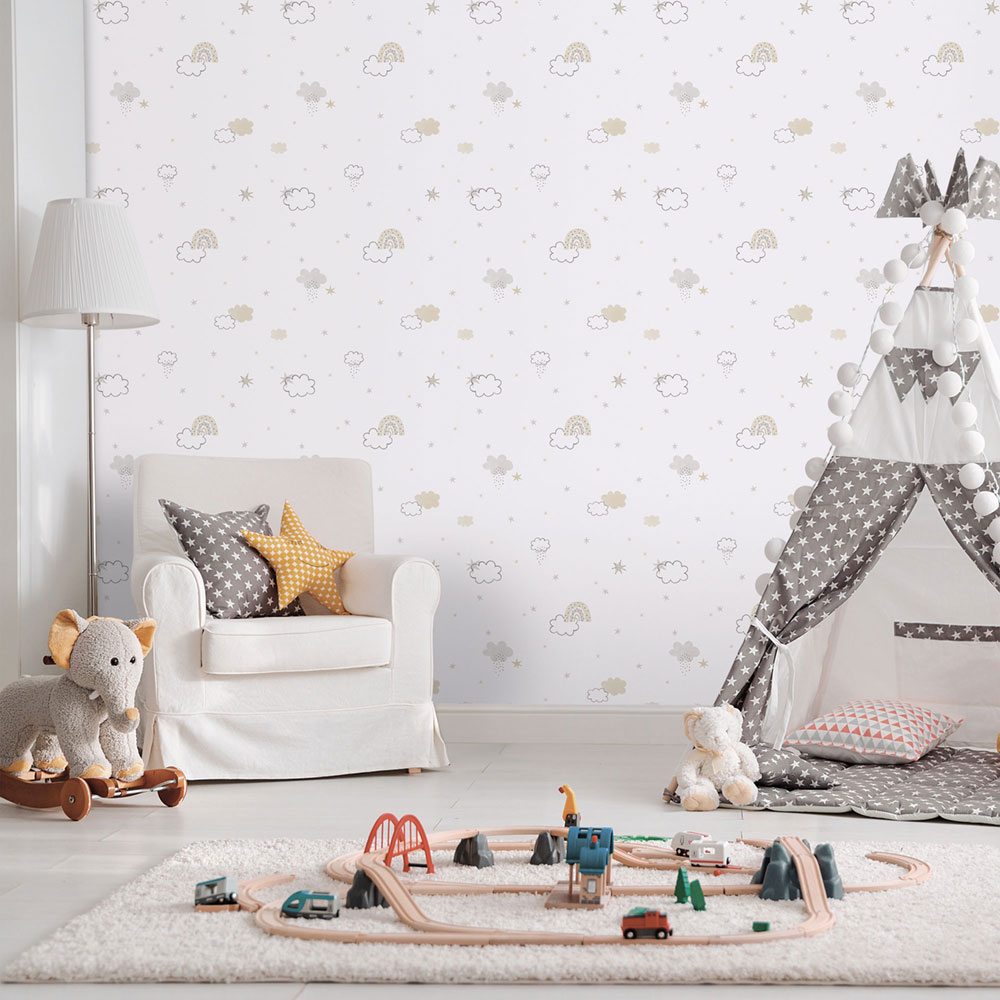 Kinder Vliestapete, grau-beige, Wolken, 288-3, Enzo,  ICH Wallcoverings