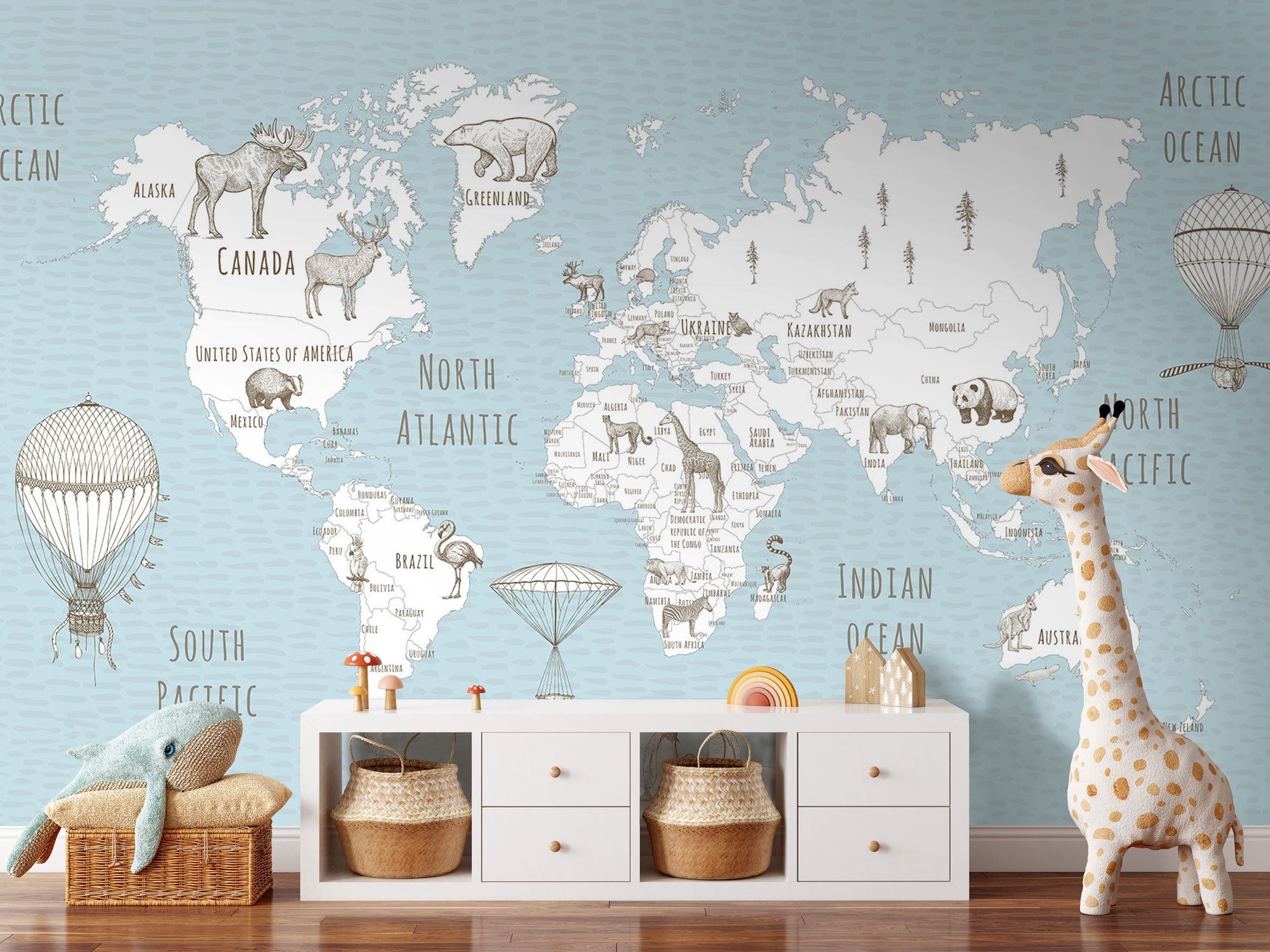 Vlies-Fototapete nach Maß, Weltkarte mit Tieren, 10009, Vavex