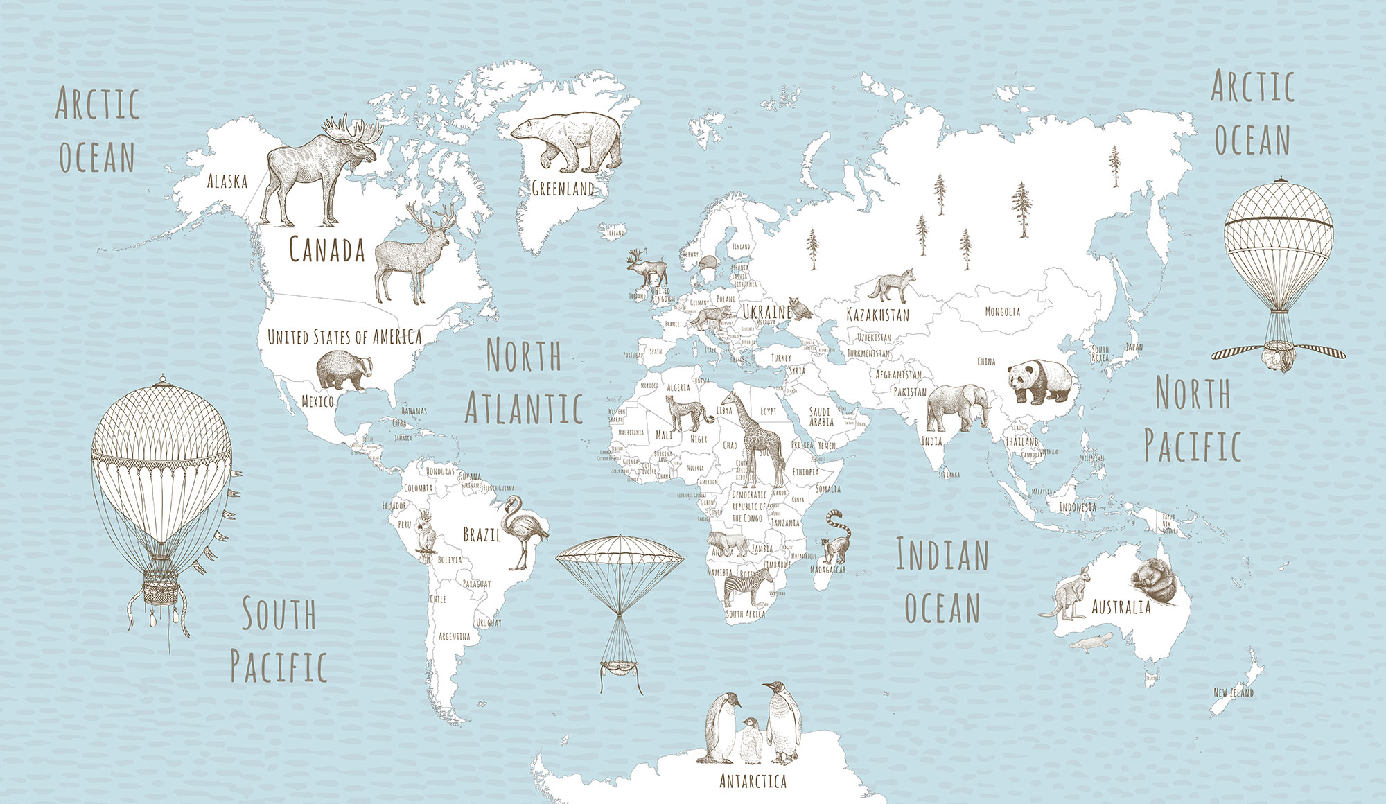 Vlies-Fototapete nach Maß, Weltkarte mit Tieren, 10009, Vavex