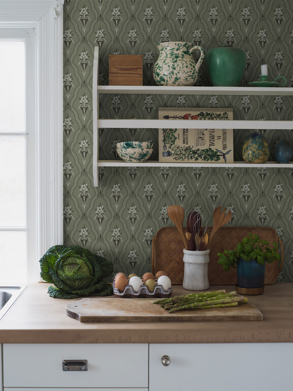 Tapete, grün, Schlossmuster, Ornamente, 4165, Alla Tiders Hus, Borastapeter