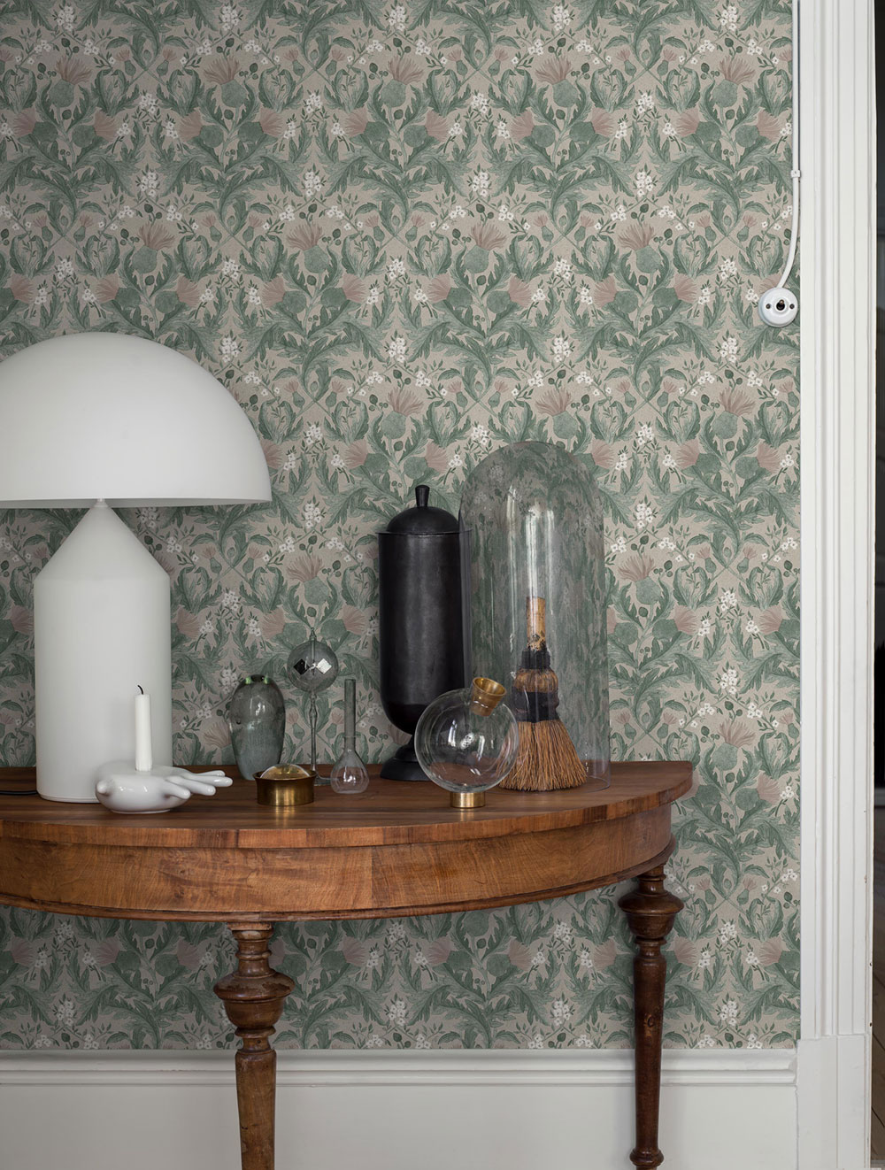 Grau-grüne Tapete, Blumen, Blätter, 7203, Icons, Borastapeter