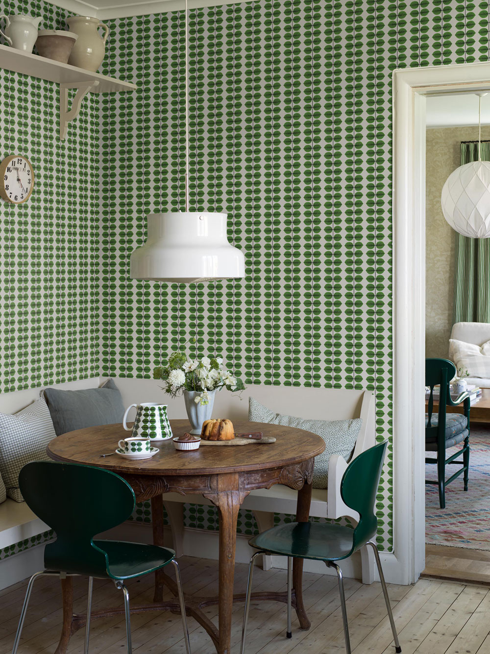 Weiß-grüne Tapete, Blätter, 1750, Icons, Borastapeter