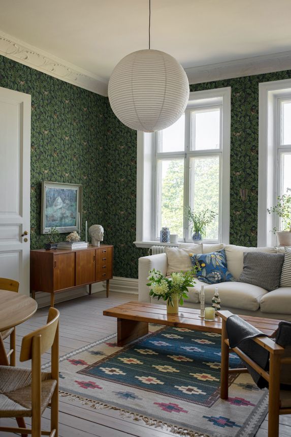 Grün-blaue Tapete, Zweige, Blätter, Tiere, 2050, Icons, Borastapeter