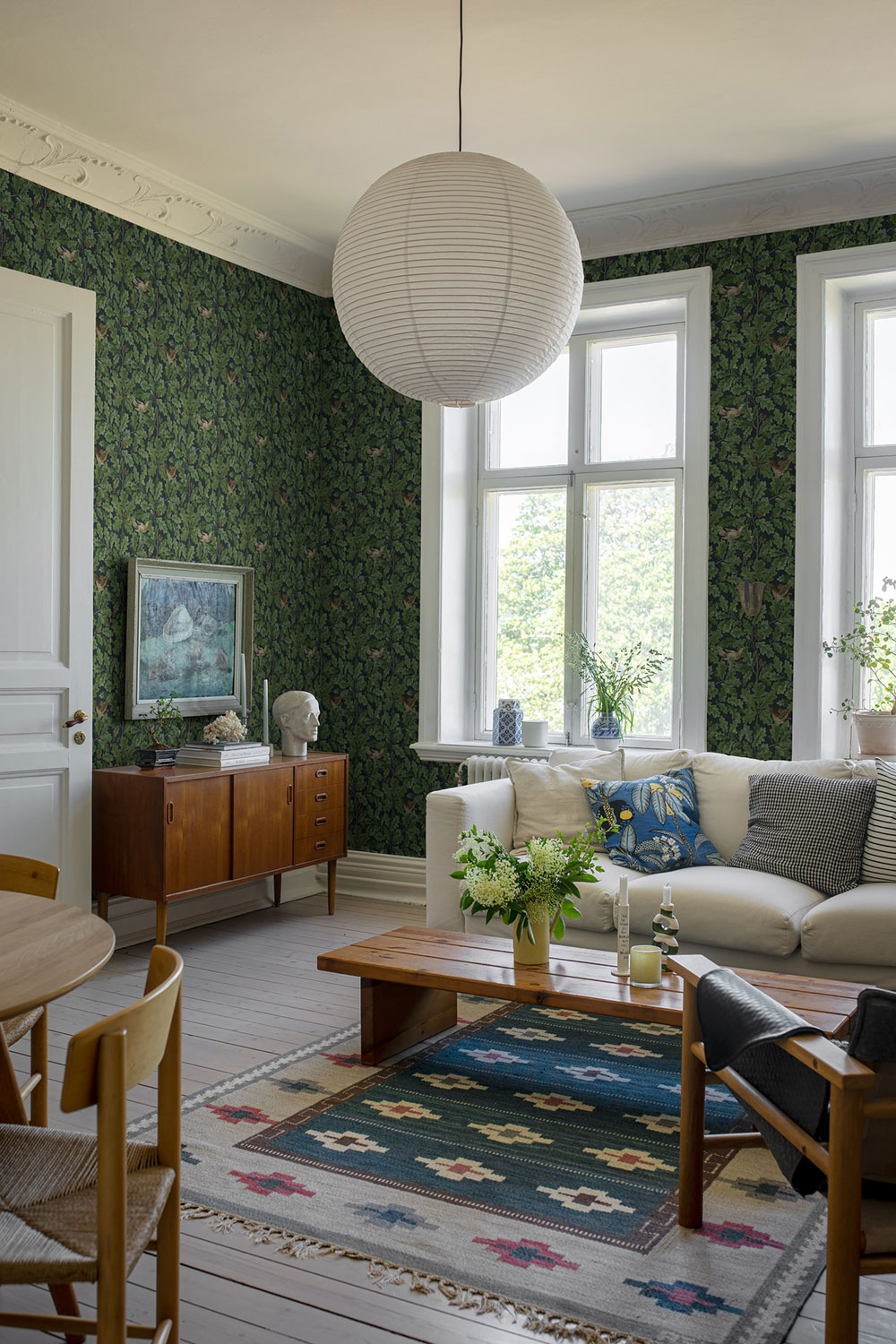 Grün-blaue Tapete, Zweige, Blätter, Tiere, 2050, Icons, Borastapeter