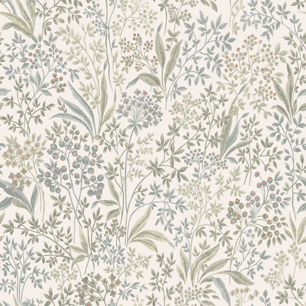 Weiß-grüne Tapete, Blumen, Blätter, 2026, Icons, Borastapeter