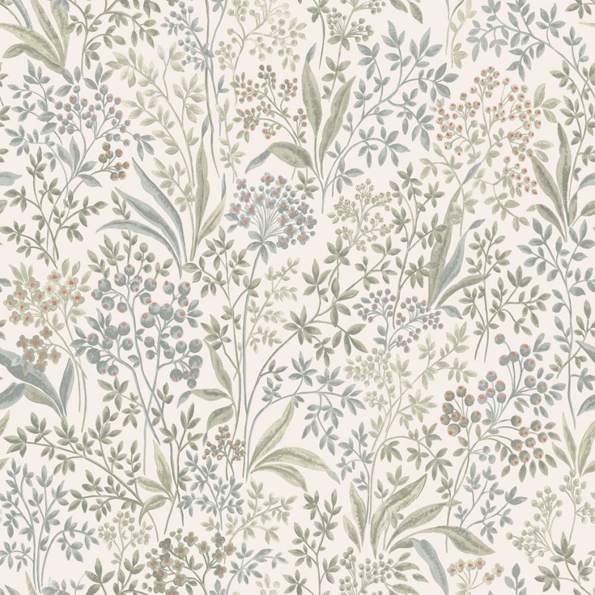 Weiß-grüne Tapete, Blumen, Blätter, 2026, Icons, Borastapeter