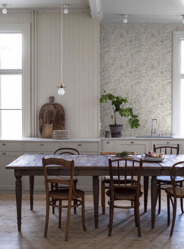 Weiß-grüne Tapete, Blumen, Blätter, 2026, Icons, Borastapeter