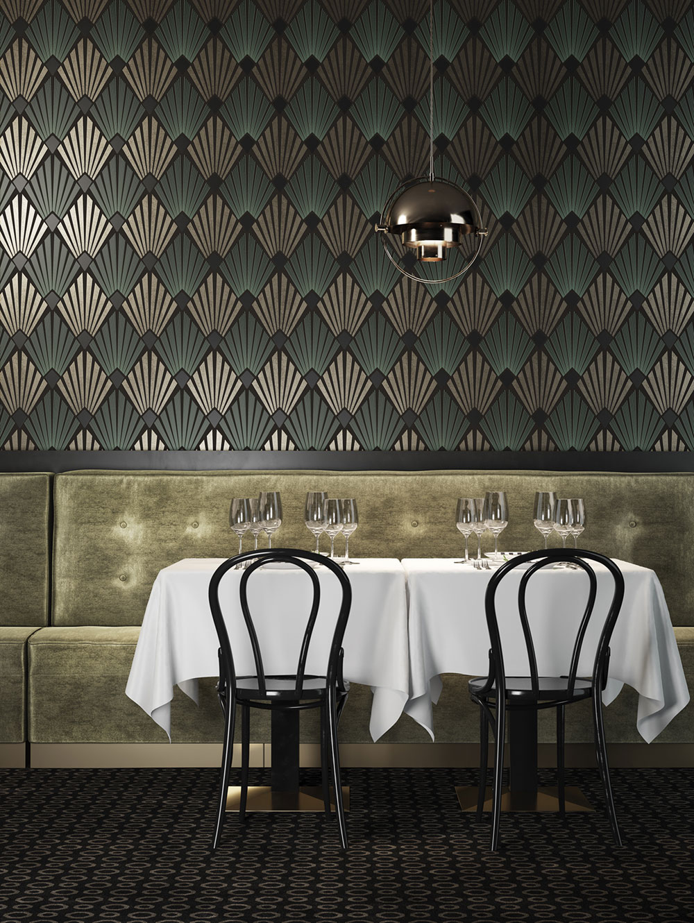 Tapete, schwarz-grün, grafisch, Art Deco, GAT302, The Texture Book, Masureel