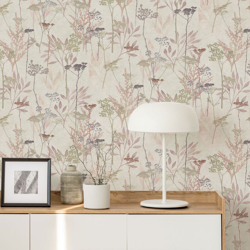 Tapete, weiß-rosa, Gräser und Blätter, 125061, Vavex 2027