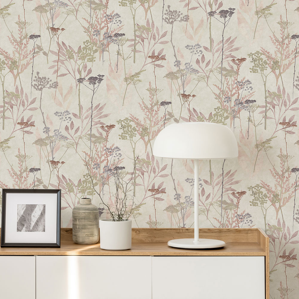Tapete, weiß-rosa, Gräser und Blätter, 125061, Vavex 2027