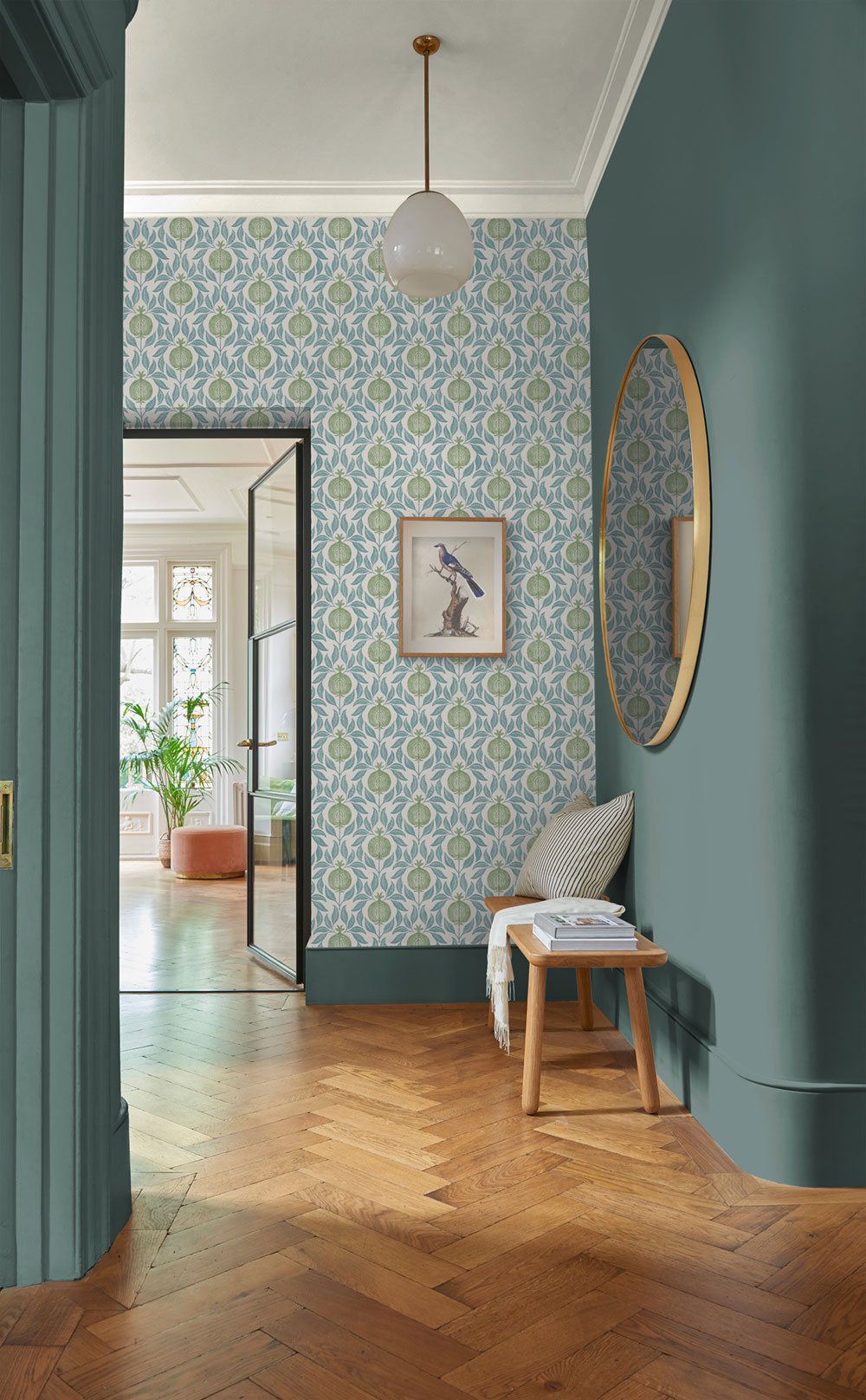 Tapete, blau-grün, Blätter, Granatäpfel, 130285, Concerto, Graham Brown Premium