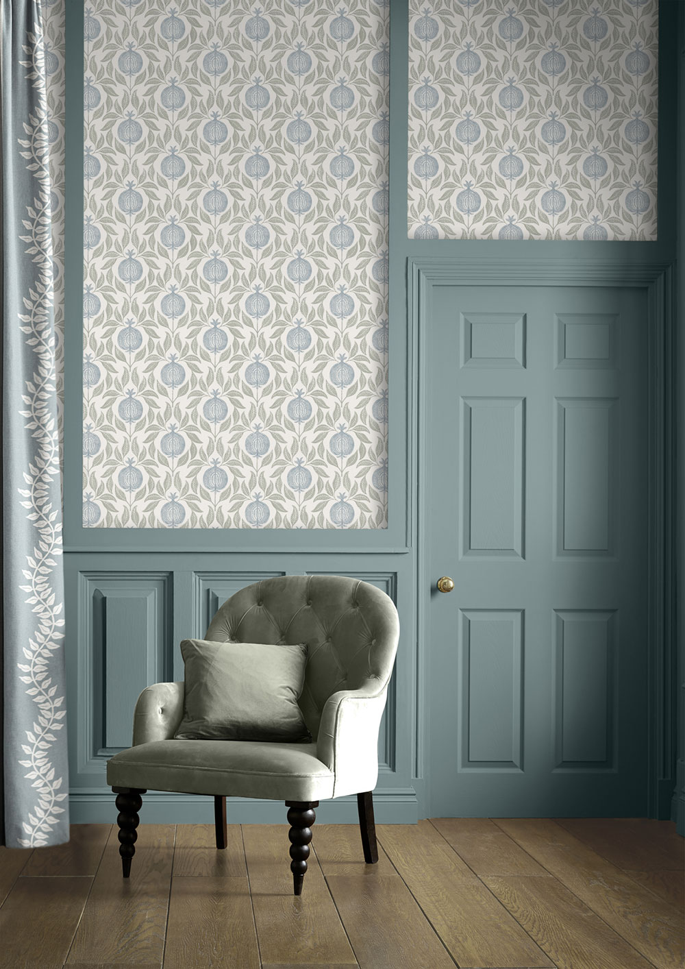 Tapete, grün-blau, Blätter, Granatäpfel, 130289, Concerto, Graham Brown Premium