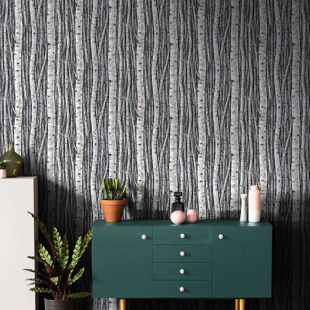 Tapete, grau-blau, Bäume, Birkenhain, 35397, Timber, Marburg