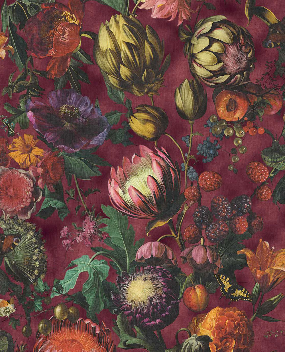 Tapete, Bordeaux, Blumen, Früchte, Schmetterlinge, 351235, Magnifique, Eijffinger